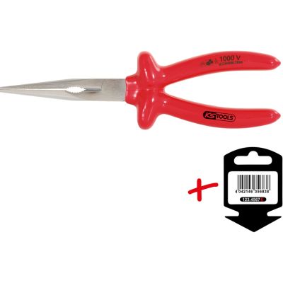 1000 V VDE ilgosios replės, tiesios, 160 mm, su pakabinimo kortele (117.1293-E, KS TOOLS)