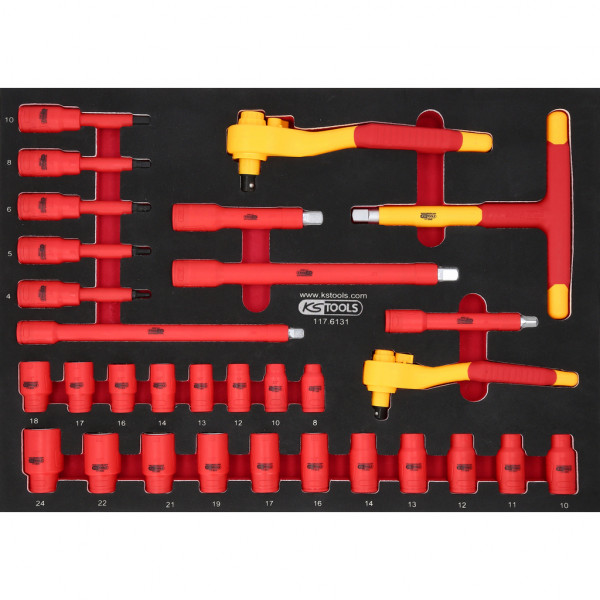 Izoliuotų galvučių rinkinys 3/8″ + 1/2″ putų įdėkle, 31 vnt. (117.6131, KS TOOLS)