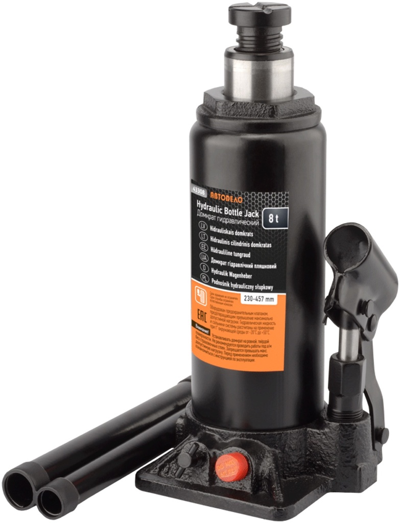 Hydraulic bottle jack 8 t, lifting height 230–457 mm (43308, AVTODELO)