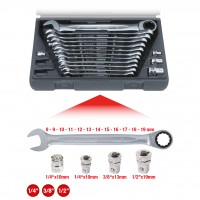 GEAR+ comb ratchet spanner set+adaptors 16pcs, 8-19mm (503.4266, KS TOOLS)