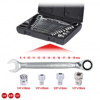 GEAR+ rev comb spanner set,16pcs, 8-19mm +adaptors (503.4666, KS TOOLS)