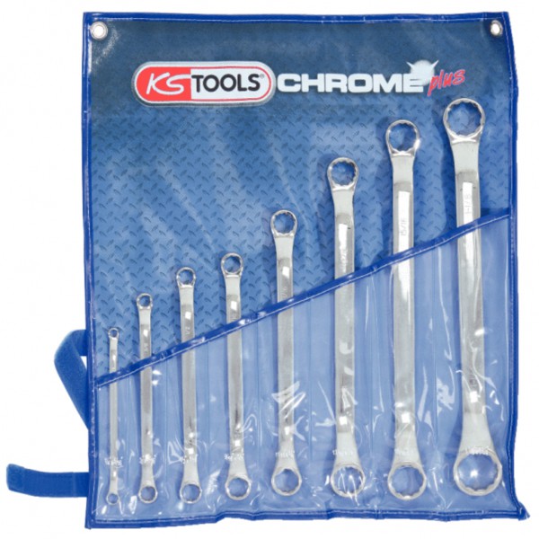CHROME+ dvipusių žiedinių raktų rinkinys, lenkti, coliniai, 8 vnt., 1/4"-1.1/4" (518.3100, KS TOOLS)