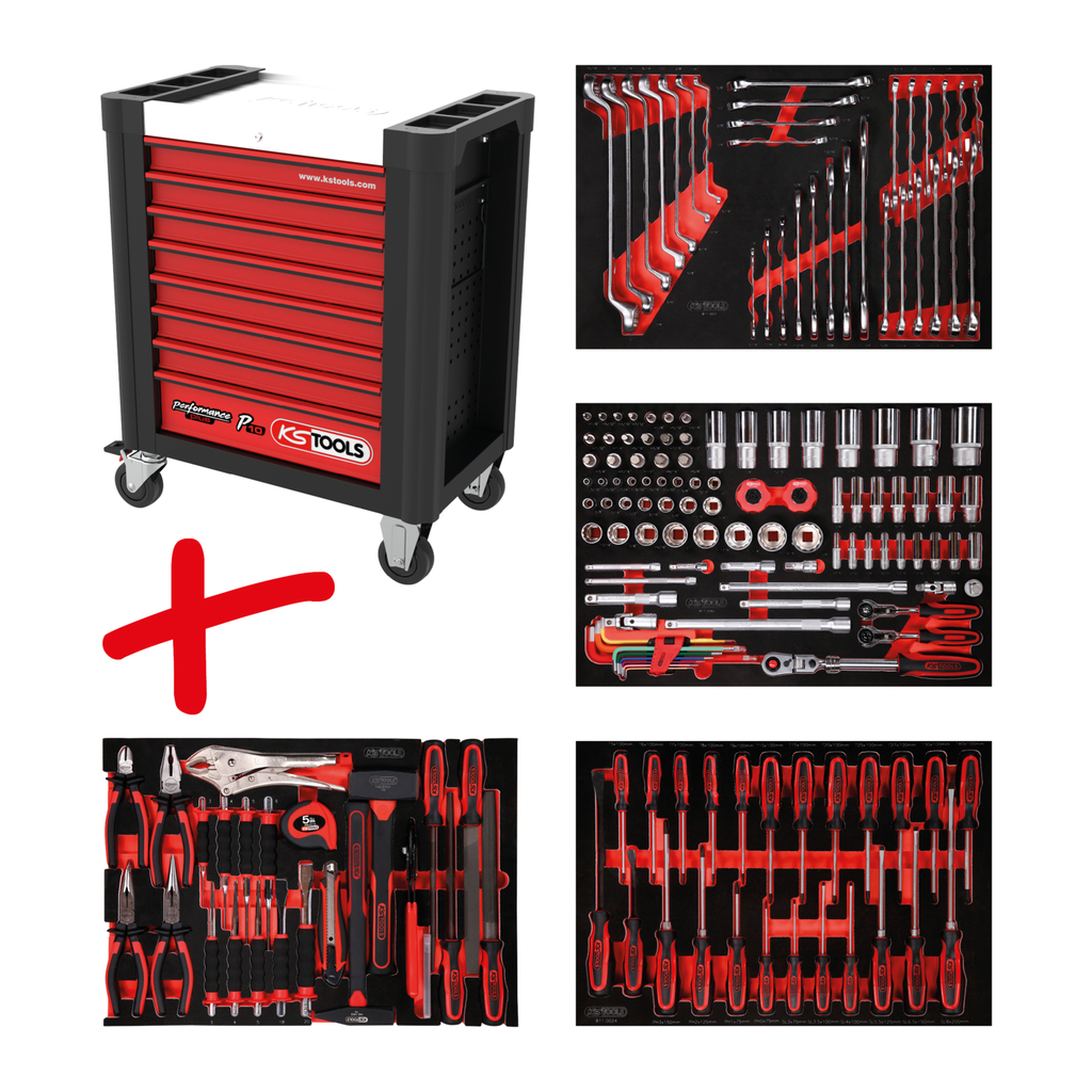PERFORMANCEplus P10 įrankių vežimėlio rinkinys su 180 įrankių 4 stalčiuose (810.4180, KS TOOLS)