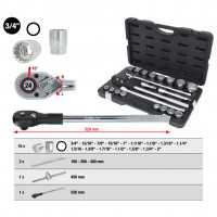 Galviņu komplekts, 12 skaldņu, collu izmēri, 21 gab., 3/4 collas (911.0751, KS TOOLS)