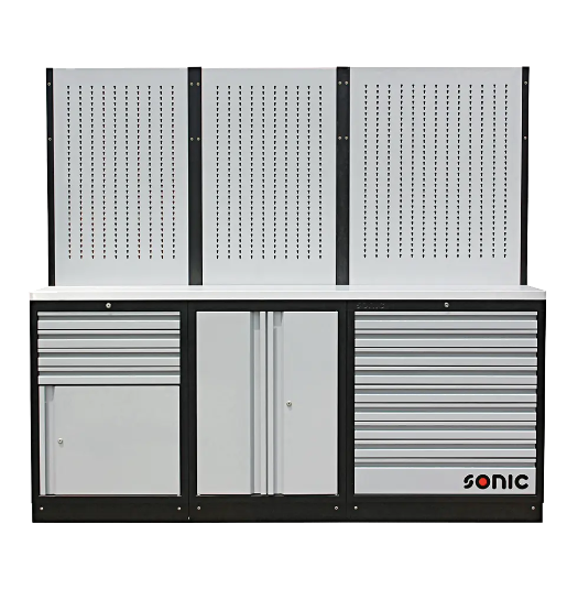 Workbench with stainless steel worktop and back panel (4731801, SONIC)