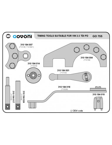 Paskirstymo fazių įrankių rinkinys VW 2.5 dyzeliniams varikliams (GO755, GOVONI)