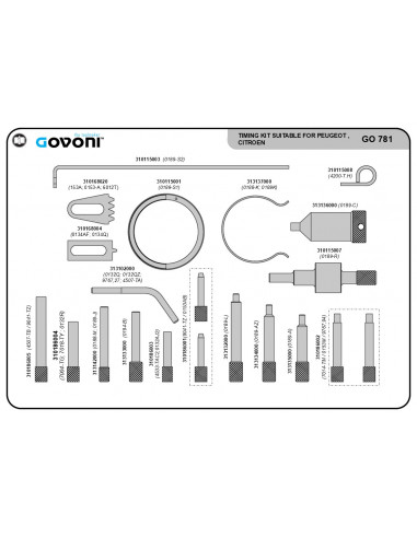 Timing tool set for Citroen, Peugeot, Fiat and Lancia 1.0-2.2 petrol engines (GO781, GOVONI)