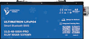 Golfo vežimėlio ličio akumuliatorius LiFePO4 51,2 V 105 Ah su Bluetooth, išmaniuoju BMS ir šildymu, IP54 (ULG-48-105H-PRO, ULTIMATRON)