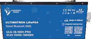 Golfo vežimėlio ličio akumuliatorius LiFePO4 51,2 V 150 Ah su Bluetooth, išmaniuoju BMS ir šildymu, IP54 (ULG-48-150H-PRO, ULTIMATRON)