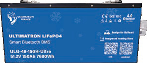 Golfo vežimėlio ličio akumuliatorius LiFePO4 51,2 V 150 Ah ULTRA su Bluetooth, išmaniuoju BMS ir šildymu, IP54 (ULG-48-150H-ULTRA, ULTIMATRON)