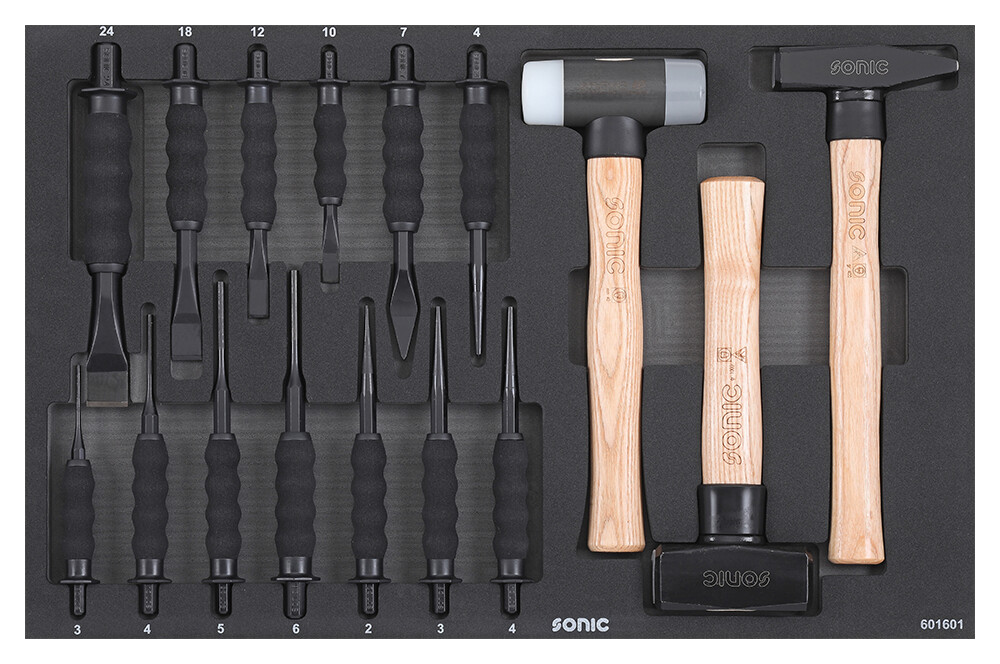 Įrankių komplektas į vežimėlius- kaltai, išmušėjai, plaktukai (16vnt) Sonic Equipment BV (601601, SONIC)