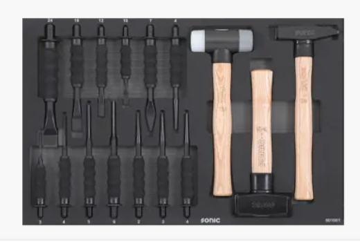 Įrankių komplektas į vežimėlius- kaltai, išmušėjai, plaktukai (16vnt) Sonic Equipment BV [601601] 