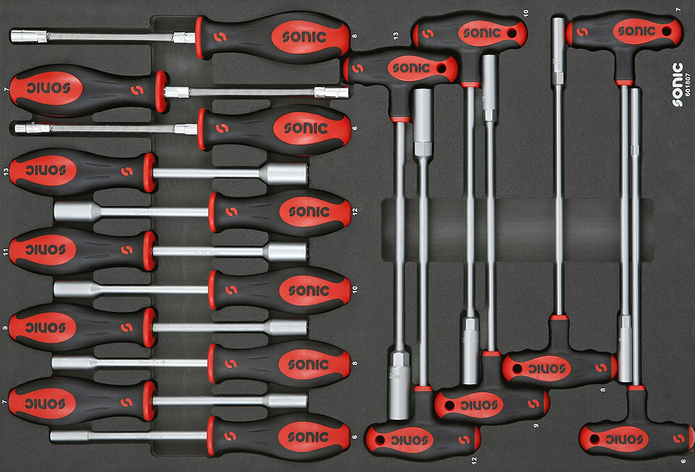 Instrumentu komplekts ratiņiem – uzgriežņu skrūvgrieži 6–13 mm (18 gab.) (601807, SONIC)
