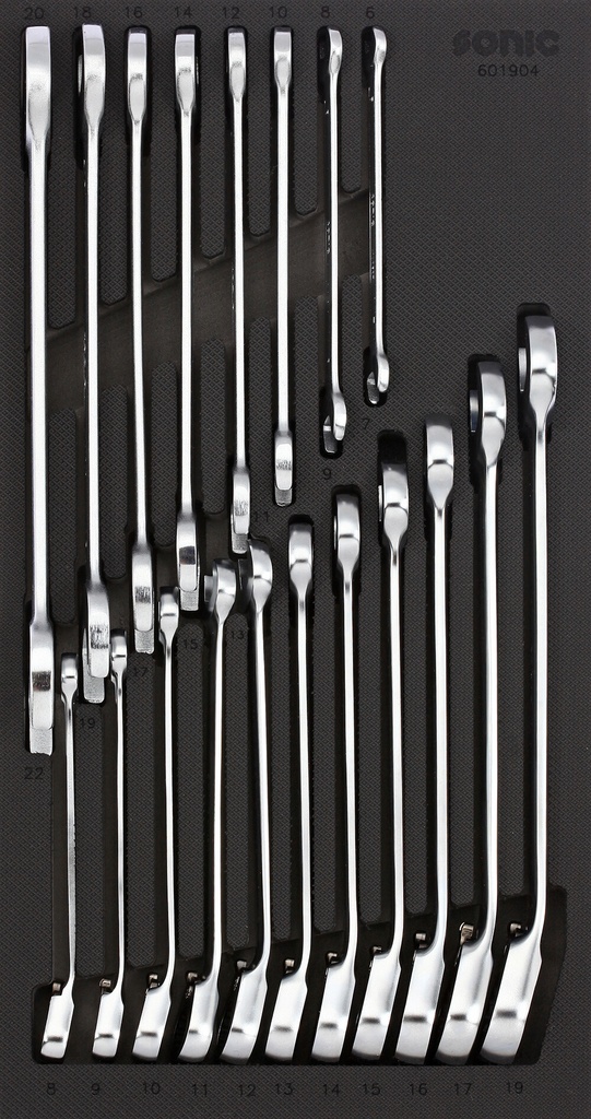 Atslēgu komplekts ratiņiem – kombinētās un sprūdrata, 19 gab. (601904, SONIC)