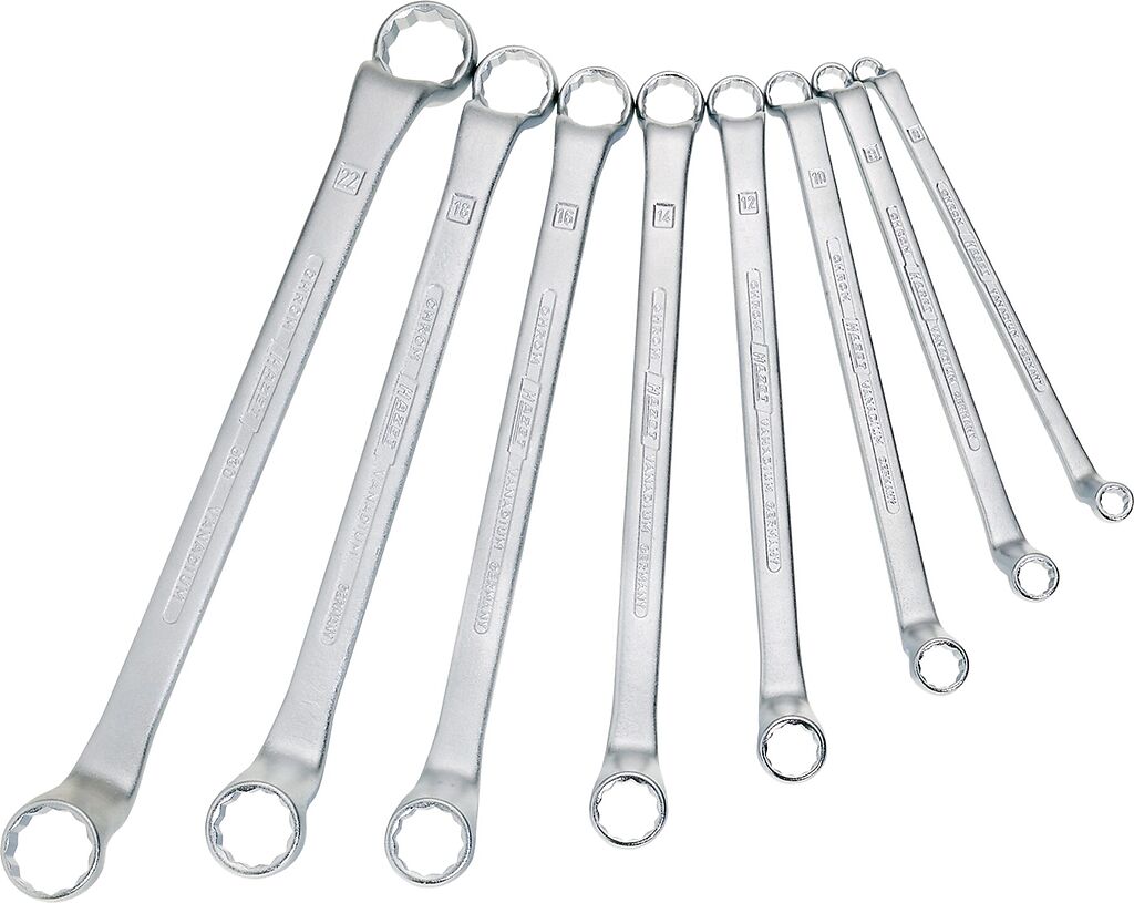 Dvigubų žiedinių raktų rinkinys, išorinis 12 briaunų traukos profilis, 12 vnt. (6×7 – 27×32 mm) (630/12, HAZET)