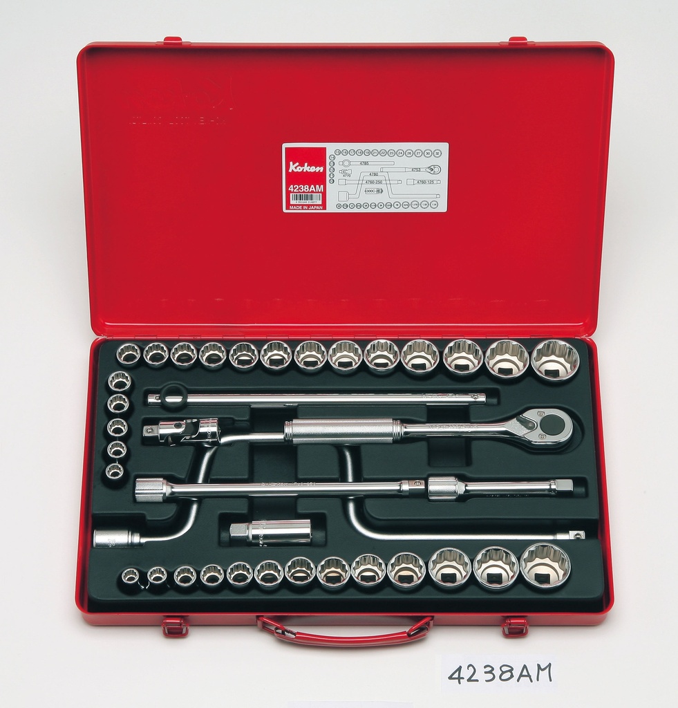 1/2 in. Drive Socket Set, 38 pcs, 12-Point, Metric and Inch, Metal Case (71800982, PICHLER)