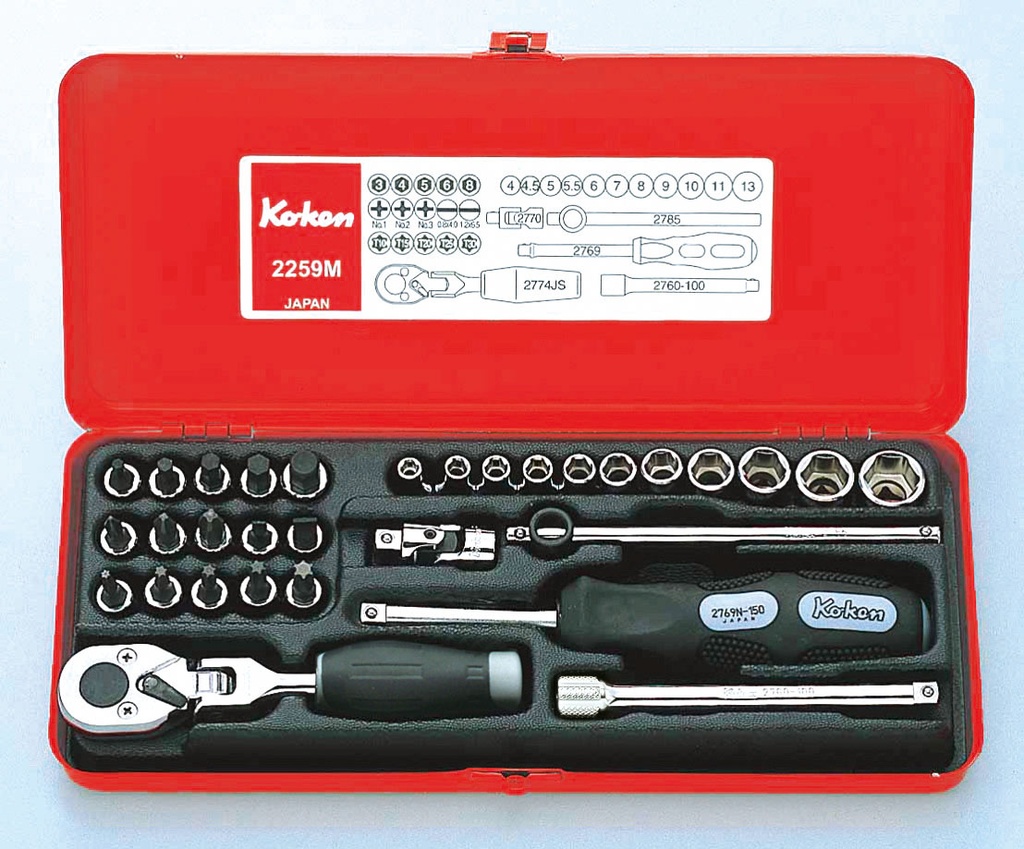 1/4 collu muciņu un uzgaļu komplekts 31 daļa, 4–13 mm, ar lokāmu sprūdratu, metāla kastē (72800554, PICHLER)