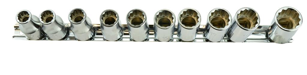 1/2 in. Drive Short 12-point Socket Set 10–19 mm 10 pcs. on Rail (7336400, PICHLER)