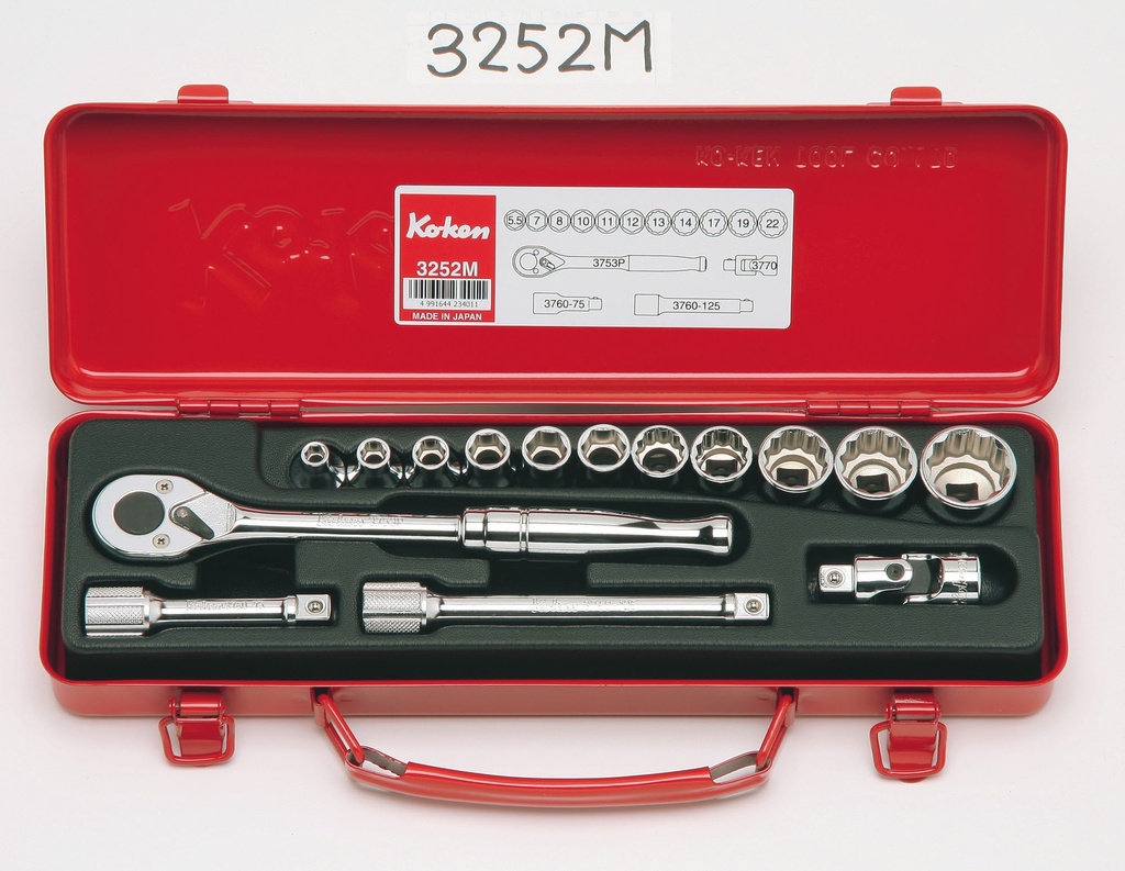 3/8 in. Drive Socket Set, 15 pcs, Metric 5.5–22 mm, Metal Case (73800603, PICHLER)