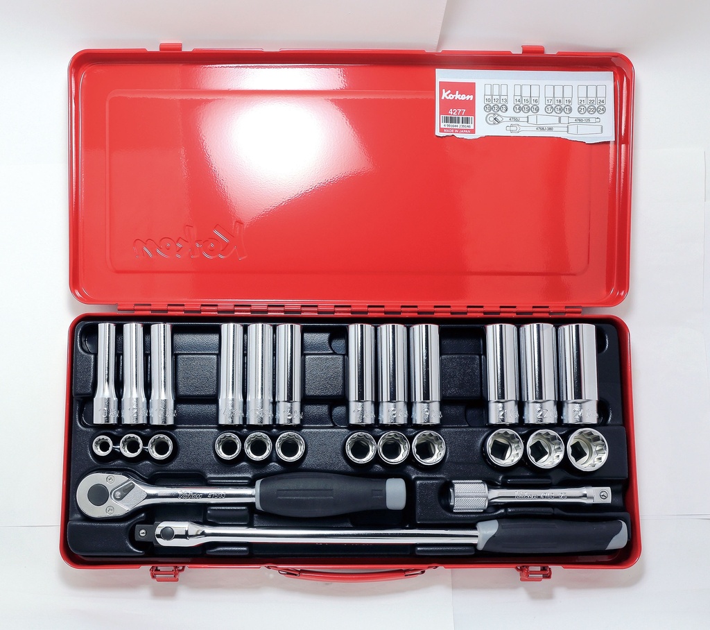 1/2 in. Drive Socket Set, 27 pcs, Standard and Deep 10–24 mm, 12-Point, Metal Case (74800478, PICHLER)
