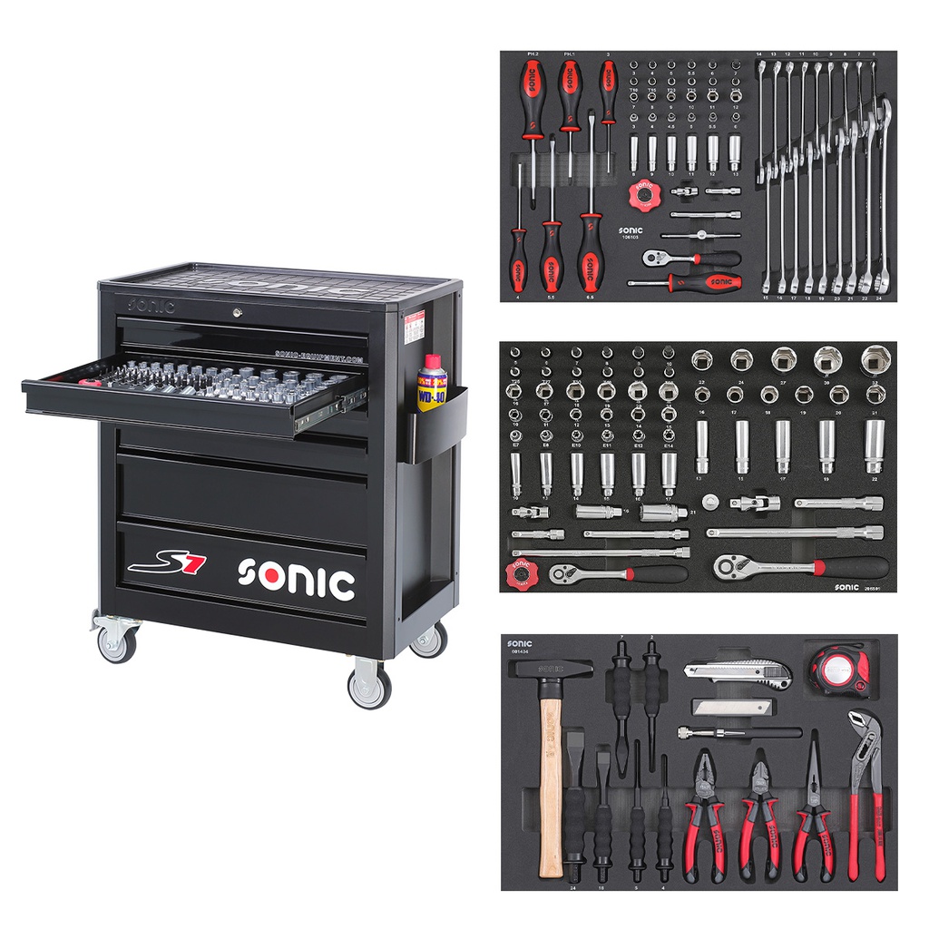 [714040] Įrankių vežimėlis S7 su įrankių komplektu (140vnt) 714040 Sonic Equipment