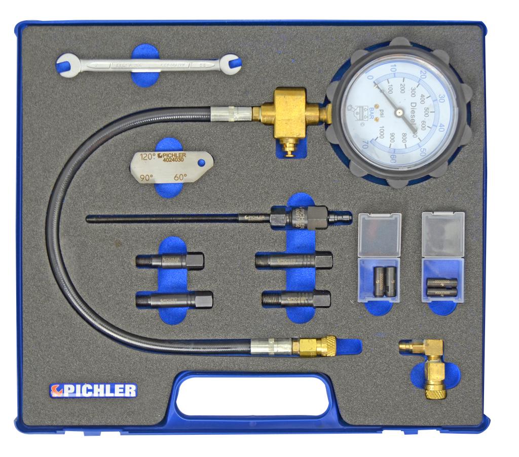 Universalus dyzelinių variklių kompresijos matavimo rinkinys M8x1, M9x1, M10x1 ir M10x1,25 su manometru (9091500, PICHLER)