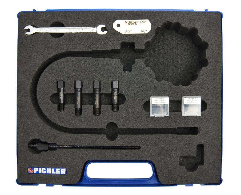 Accessory Set for Diesel Compression Tester Base Unit 9091505 (Guides, Sealing Cones, Adapters M8x1–M10x1.25, Angle Gauge) (9091510, PICHLER)