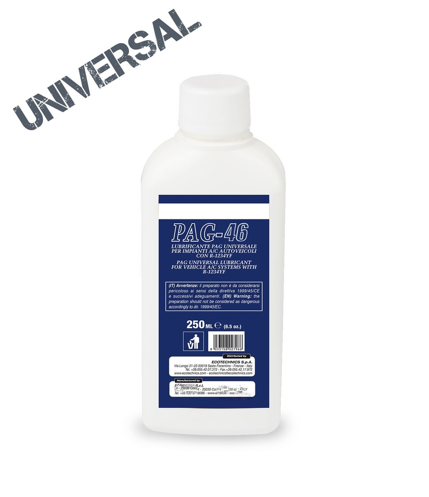 Oil bottle PAG46 - 250ml for HFO1234yf, R134a mechanical and electric compressor (DECKAEK276, ECOTECHNICS)