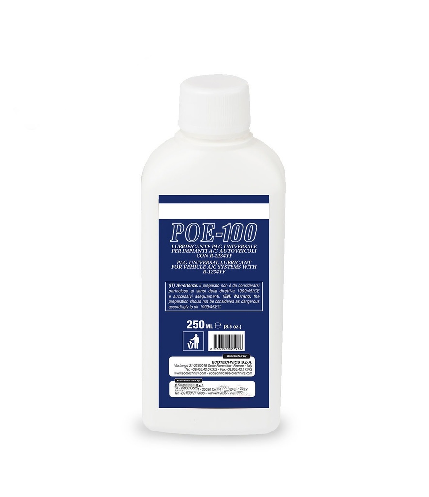 Eļļas pudelīte POE100, 250 ml, R134a un elektriskajiem kompresoriem (DECKAEK283, ECOTECHNICS)