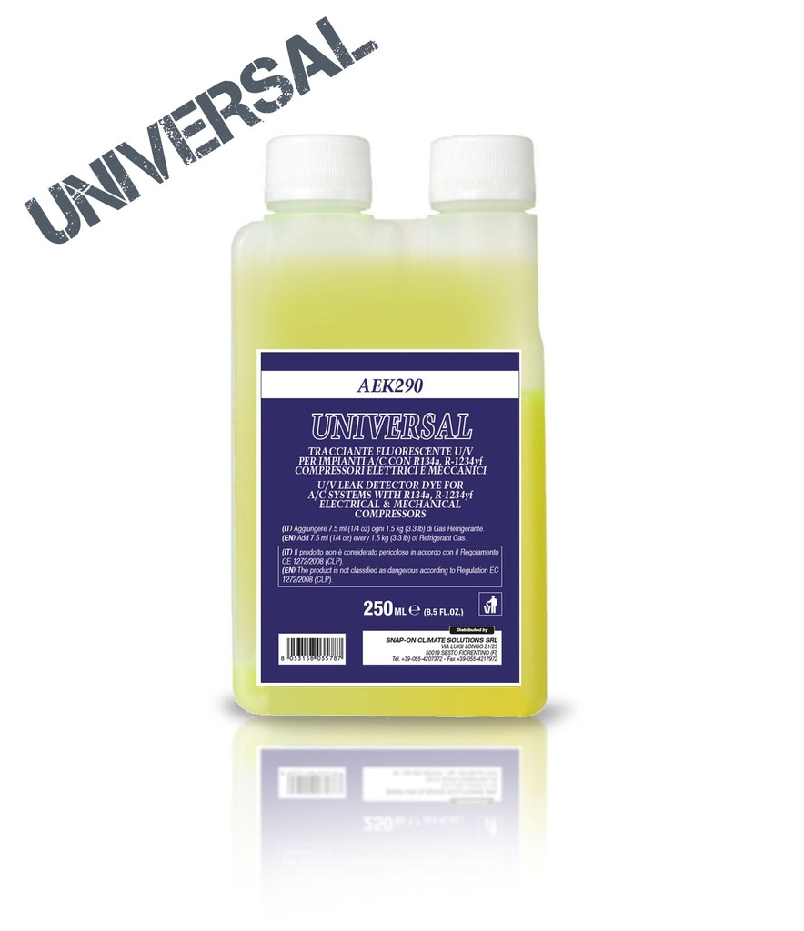 UV Dye Bottle, 250 ml, R134a and R1234yf (DECKAEK290, ECOTECHNICS)
