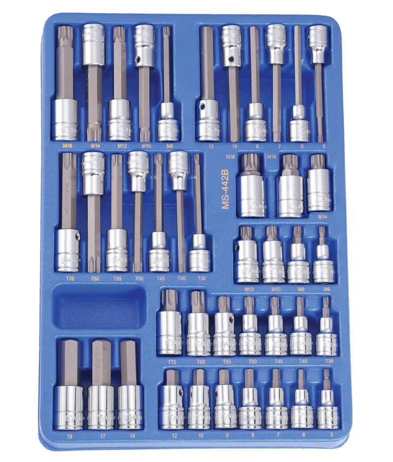 Galvučių su antgaliais komplektas 1/2 col., 42 vnt., GENIUS TOOLS (MS-442B, GENIUS)