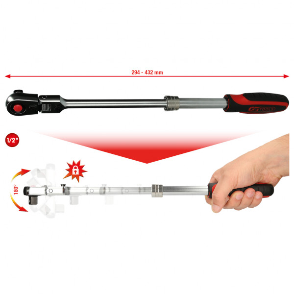 Telescopic reversible ratchet with swivel head 1/2 in., 72 teeth (914.1220, KS TOOLS)