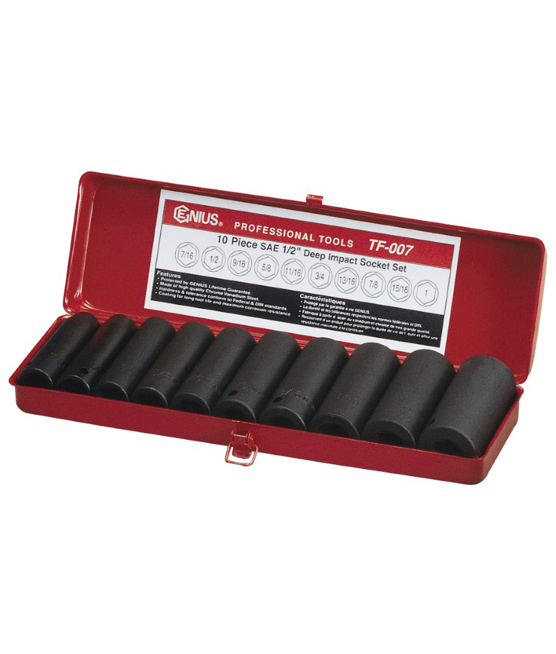 Smūginių galvučių 1/2" ilgų komplektas, 10 vnt, Genius Tools (TF-008, GENIUS)