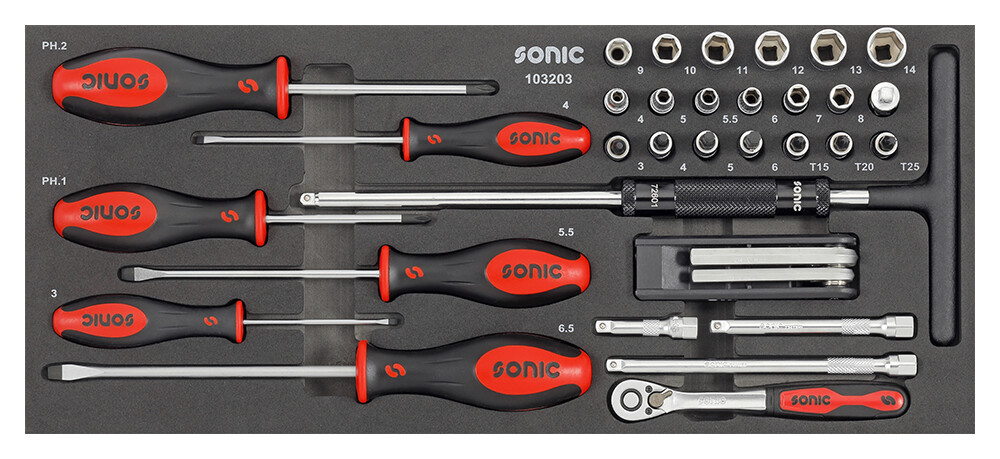 Muciņu komplekts 1/4 collas, SFS-XS paliktnī, 32 daļas (103203, SONIC)