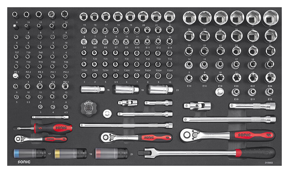 Kombinētais galvu komplekts 1/4", 3/8" un 1/2" SFS-L, 156 gab. (315602, SONIC)