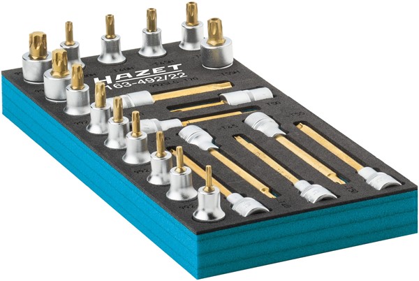TORX galvučių su antgaliais komplektas, 22 dalių, T20–T70, 1/2 col. (163-492/22, HAZET)