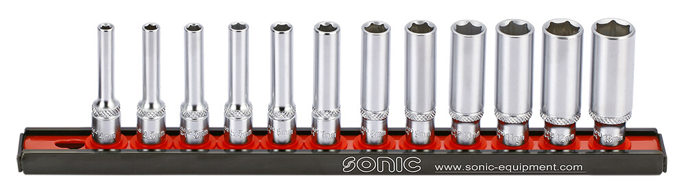 Flank socket set 1/4 in. 6-point deep on rail 12-pcs. (101204, SONIC)