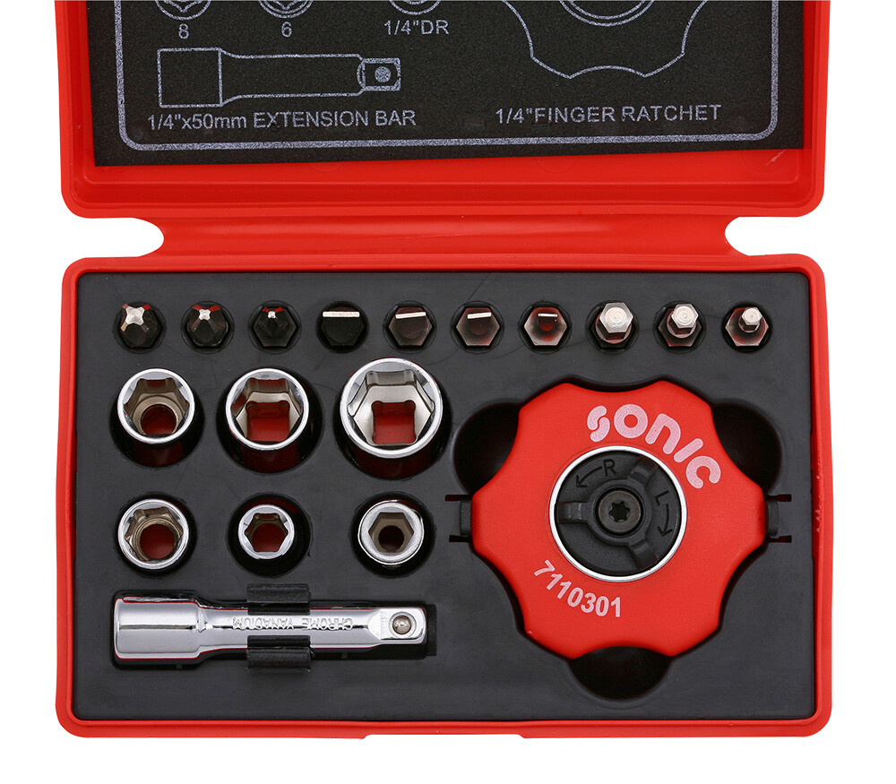Ratchet 1/4 with sockets and adapters, 19 pcs (101901, SONIC)