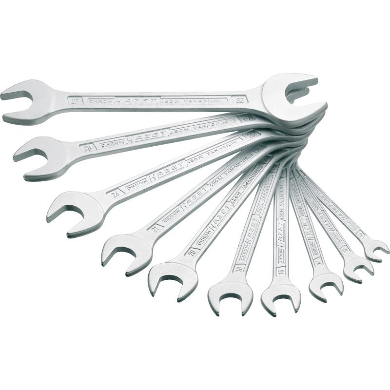 Dvipusių plokščių (atvirų) veržliarakčių rinkinys, išorinis šešiabriaunis profilis, 10 vnt. (6×7 – 27×32 mm) (450N/10, HAZET)