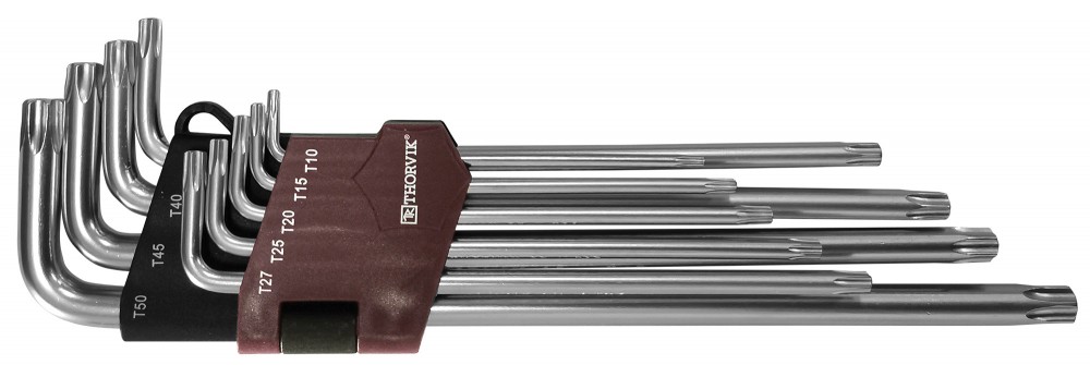 Ypač ilgų T-TORX (su skylute) raktų rinkinys 9 vnt. T10–T50 (TTKL9S, THORVIK)
