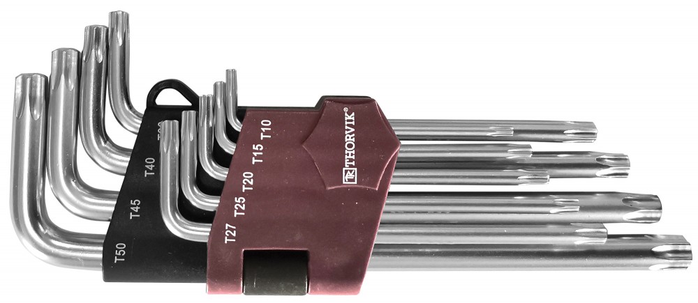 9 pcs LONG ARM T-TORX WITH HOLE KEY SET T10, T15, T20, T25, T27, T30, T40, T45, T50 (TTK9S, THORVIK)
