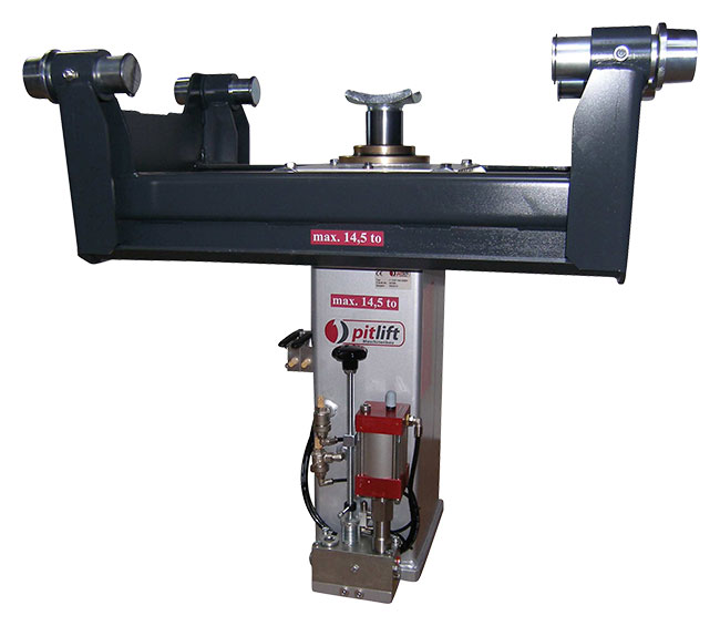 Hidrauliski pneimatiskais teleskopiskais bedres pacēlājs, pārvietojas pa bedres malām, 14,5 t, 1200 mm (P-THP 14/1200H, PITLIFT)