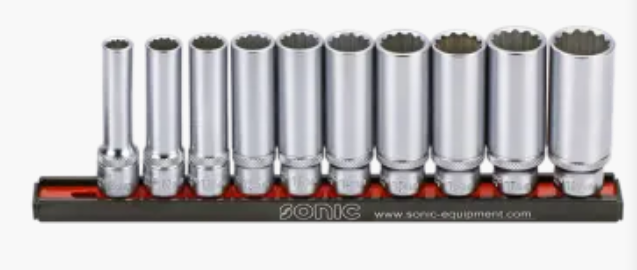 Flank socket set 3/8" 12-point deep on rail 10-pcs.