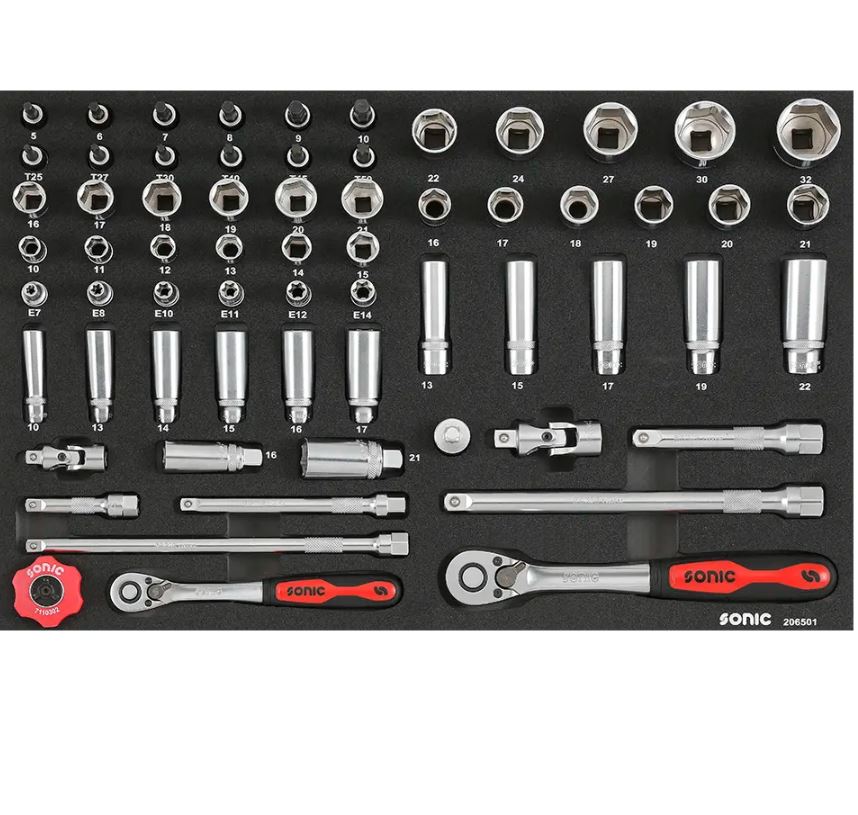 Socket set 3/8"+1/2" for trolleys, 65 pcs (206501, SONIC)