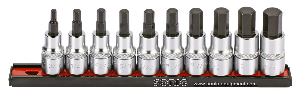 Sonic galvučių su antgaliu rinkinys 1/2" šešiabriaunis(HEX) SAE 10 vnt. (301002, SONIC)