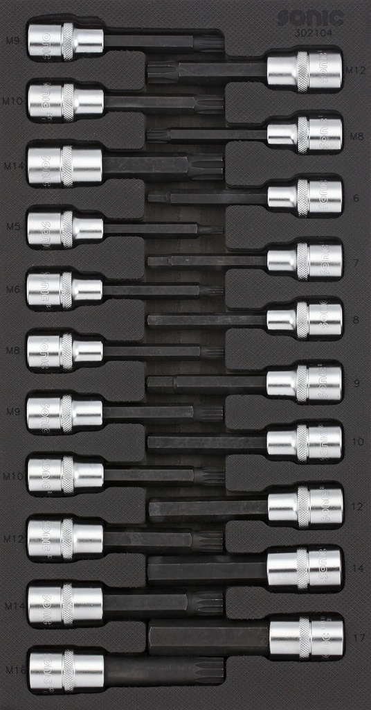 Instrumentu komplekts ratiņiem – 1/2 collas muciņas ar 100 mm uzgaļiem (21 gab.) (302104, SONIC)