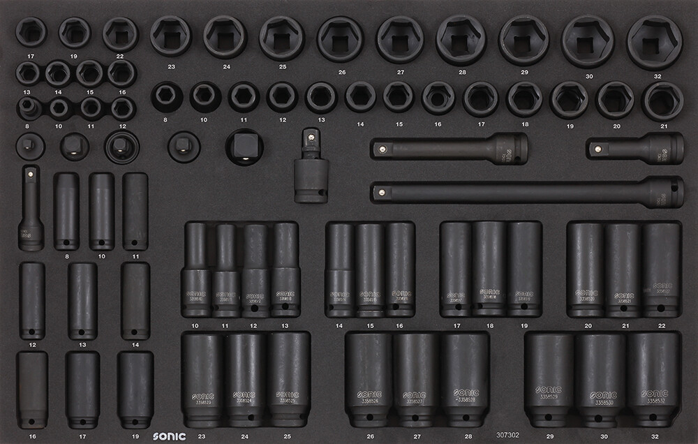 Impact socket set 3/8 inch and 1/2 inch, 73 pcs, for tool trolleys (307302, SONIC)
