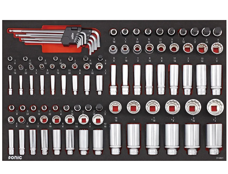 Įrankių komplektas į vežimėlius - colinės galvutės 1/4", 3/8" ir 1/2" (100vnt) Sonic Equipment BV [310001] 