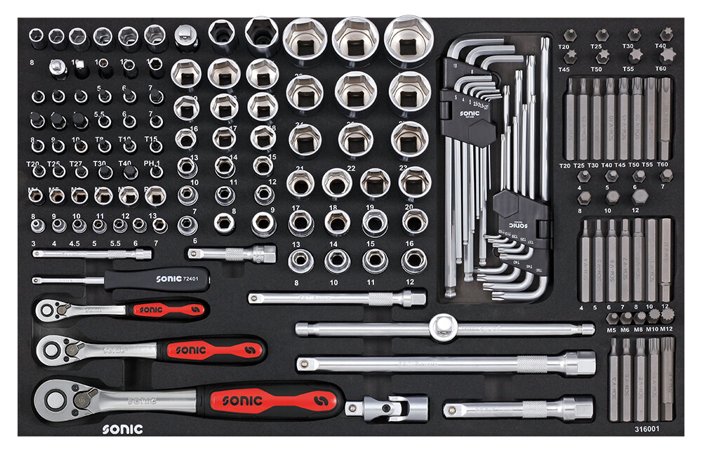 Įrankių komplektas į vežimėlį, 1/4", 3/8" ir 1/2" 160 vnt., Sonic Equipment (316001, SONIC)