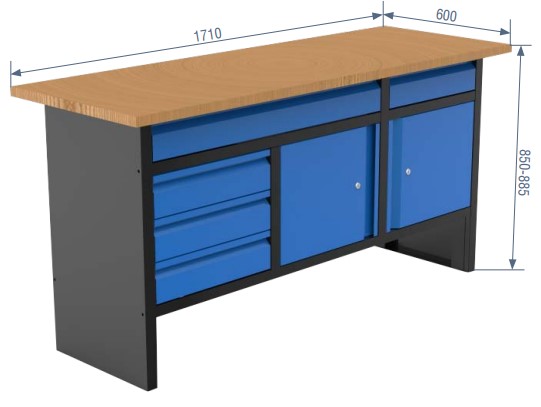 Darbgalds ar 5 atvilktnēm un 2 durvīm, 1710×600×885 mm (05.088.161, MARCO TOOLS)